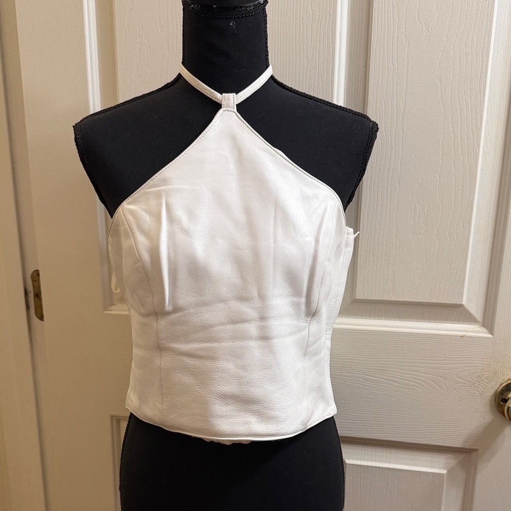 Hugo Buscati White Halter Leather Crop Top (M)